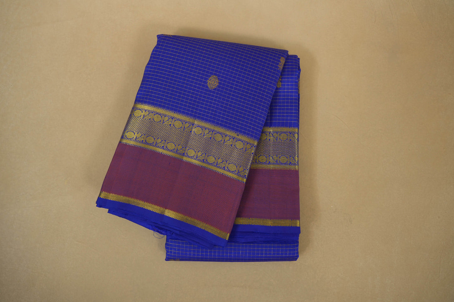 Ink Blue with Light Brown Borders Kanjivaram Silk Saree