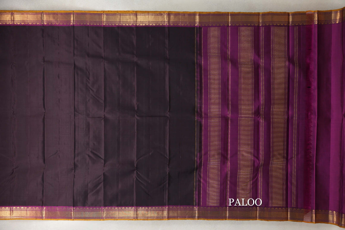 Deep Plum Brown with Deep Magenta with Mustard Oil Selvedge Borders Vintage Kanjivaram Silk Saree paloo