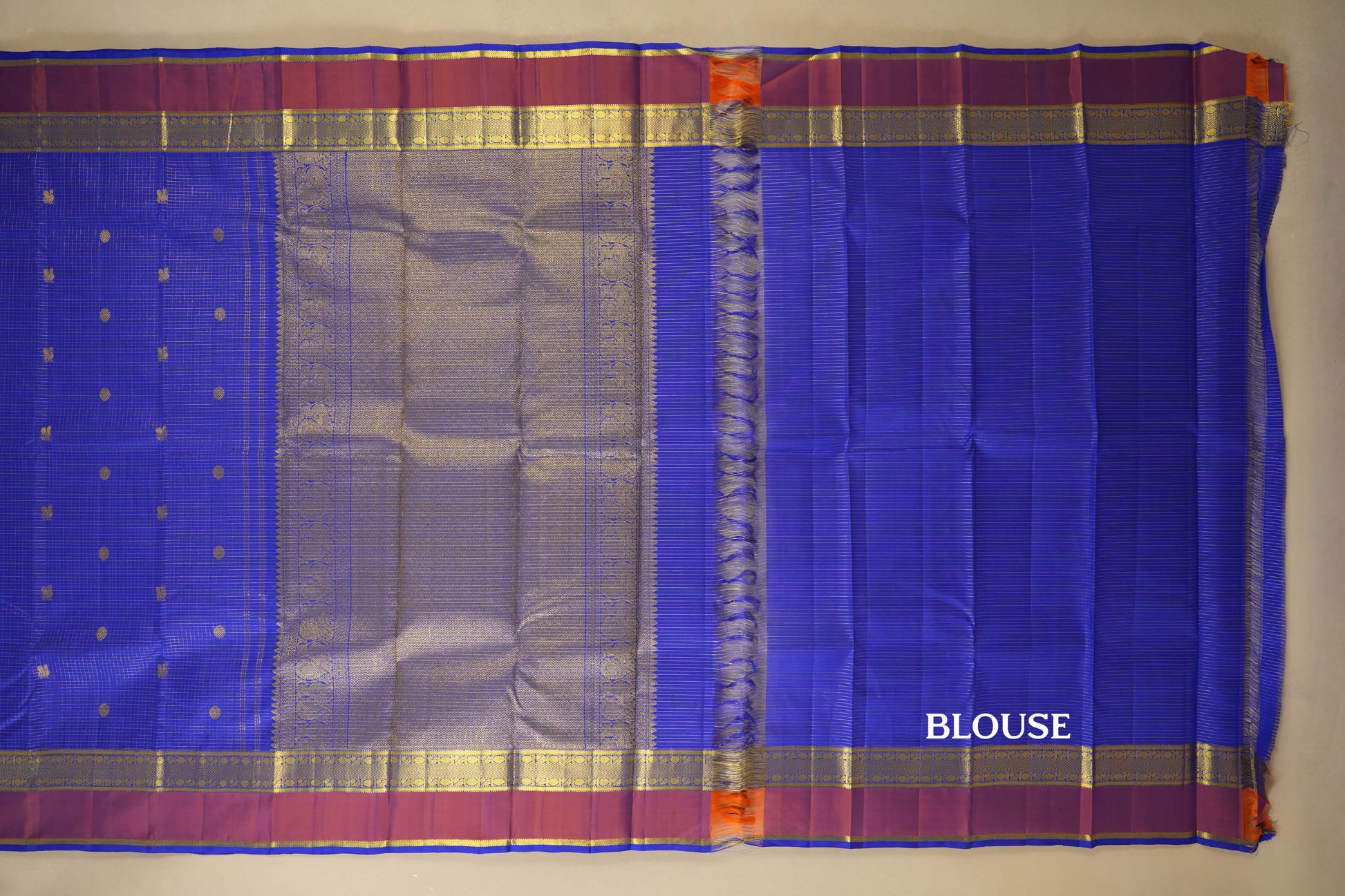 Ink Blue with Light Brown Borders Kanjivaram Silk Saree blouse