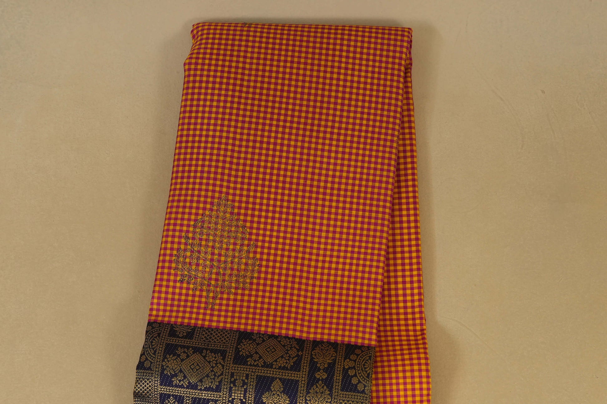 Multi Color Checks with Navy Blue Borders Kanjivaram Silk Saree body