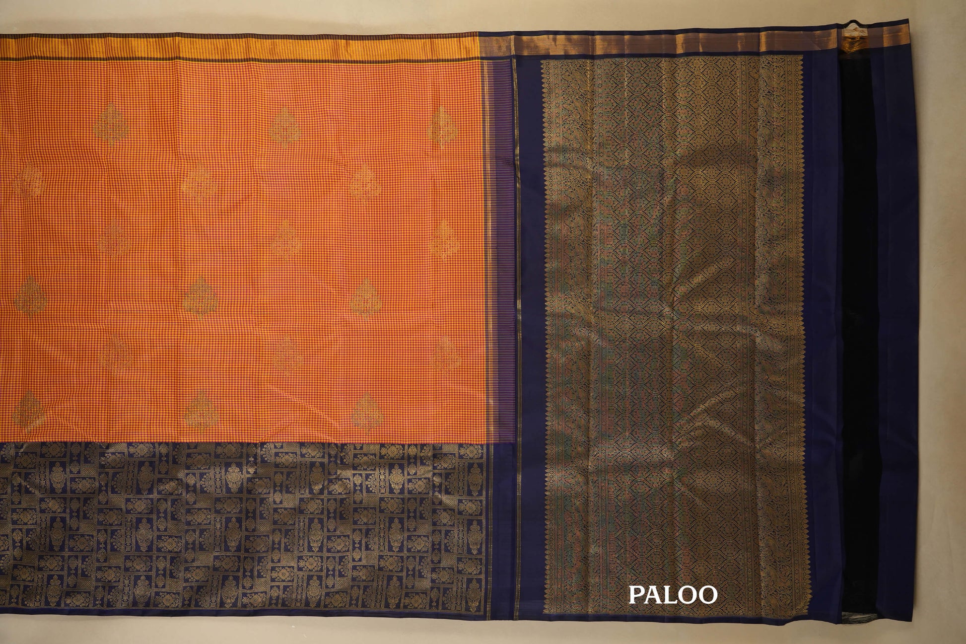 Multi Color Checks with Navy Blue Borders Kanjivaram Silk Saree paloo