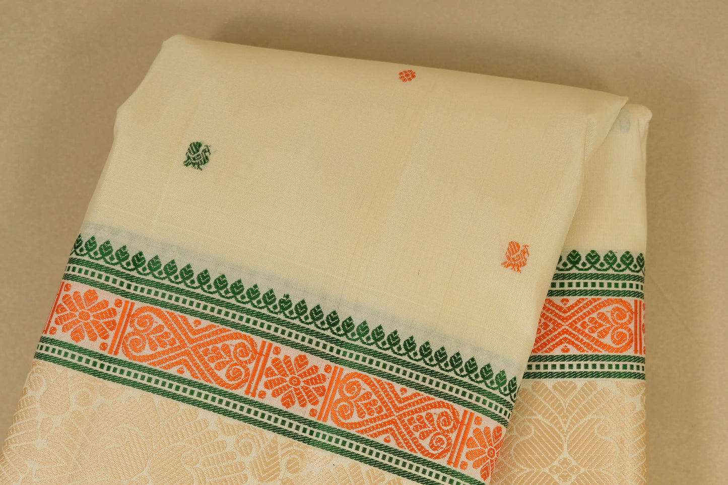 Off-White with Multi Color Borders Kanjivaram Silk Saree body