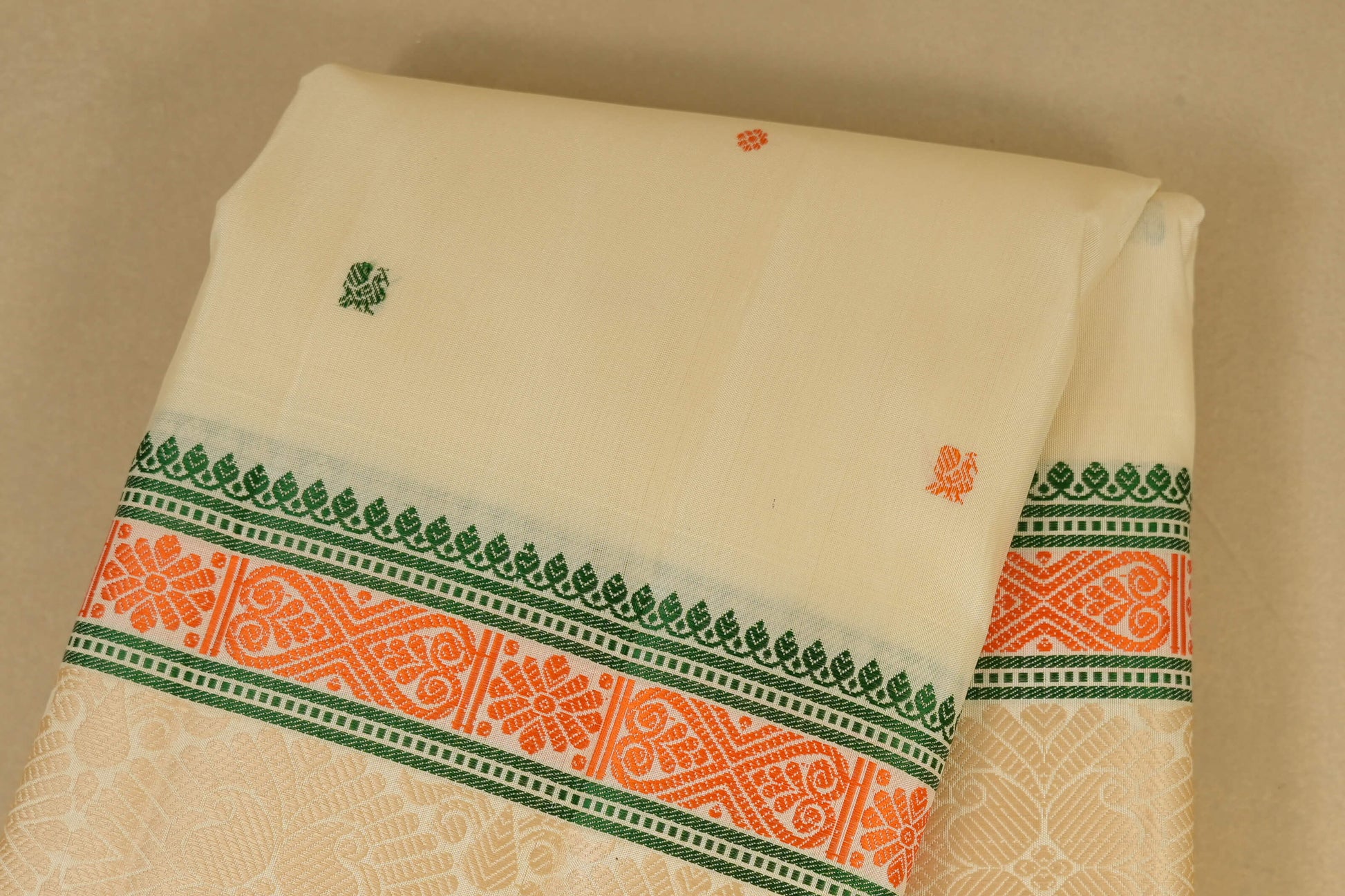 Off-White with Multi Color Borders Kanjivaram Silk Saree body