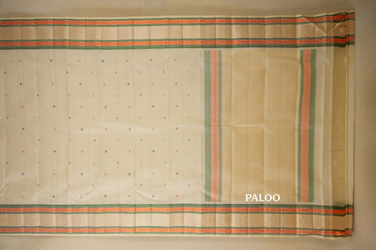 Off-White with Multi Color Borders Kanjivaram Silk Saree paloo