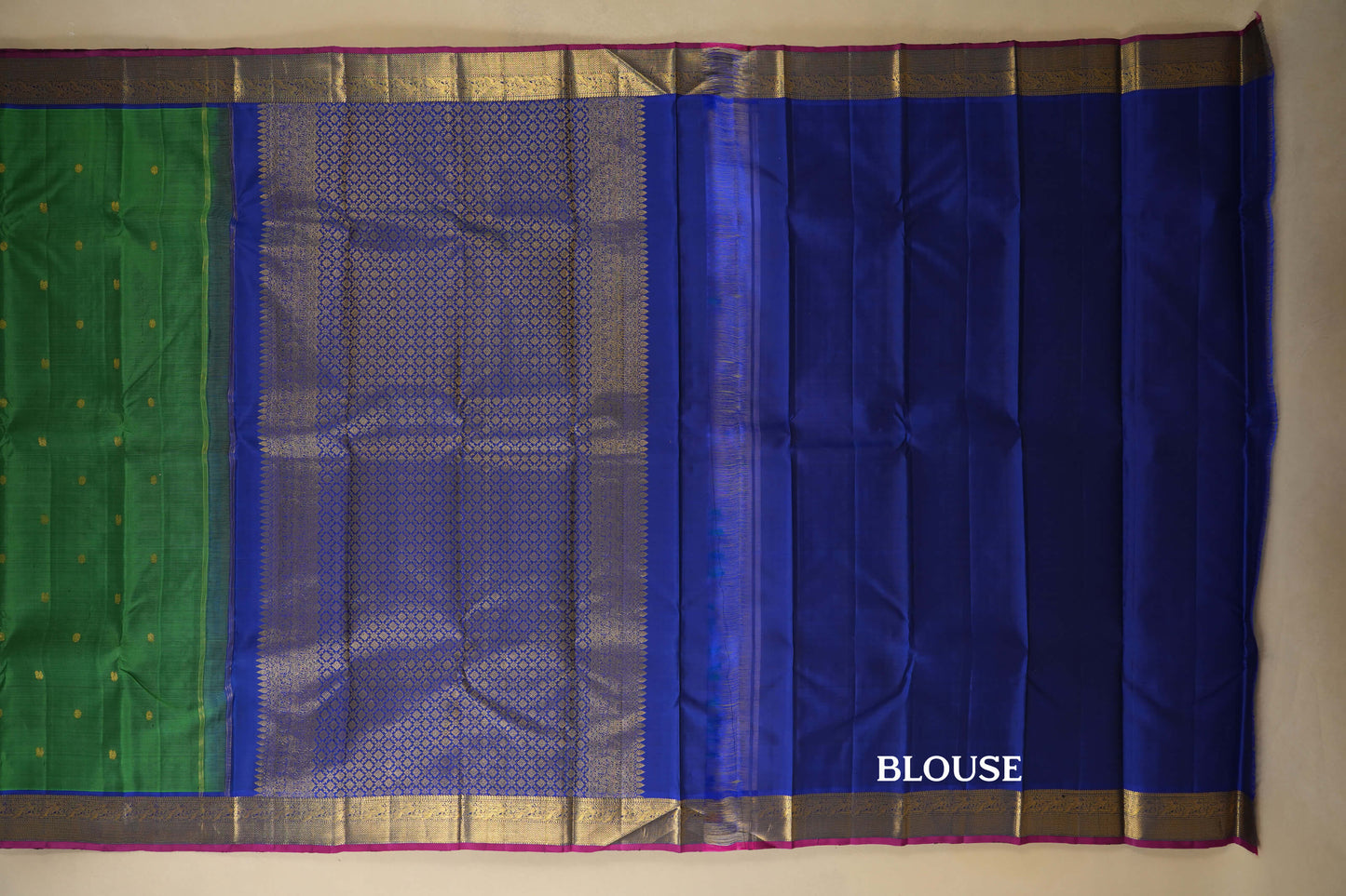 Green with Blue Borders Kanjivaram Silk Saree blouse