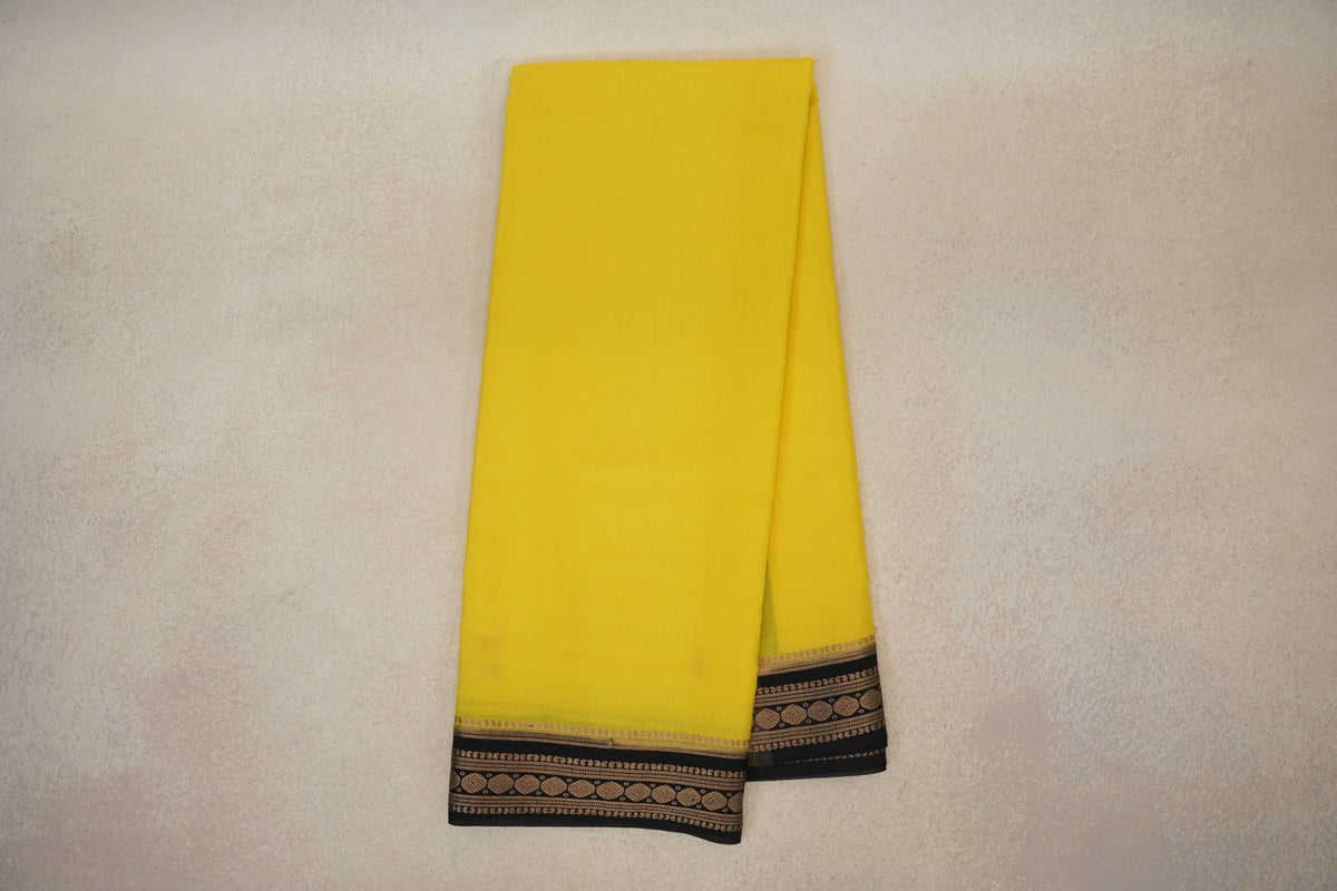 Online Bright Lemon Yellow with Black Borders Mysore Silk Saree