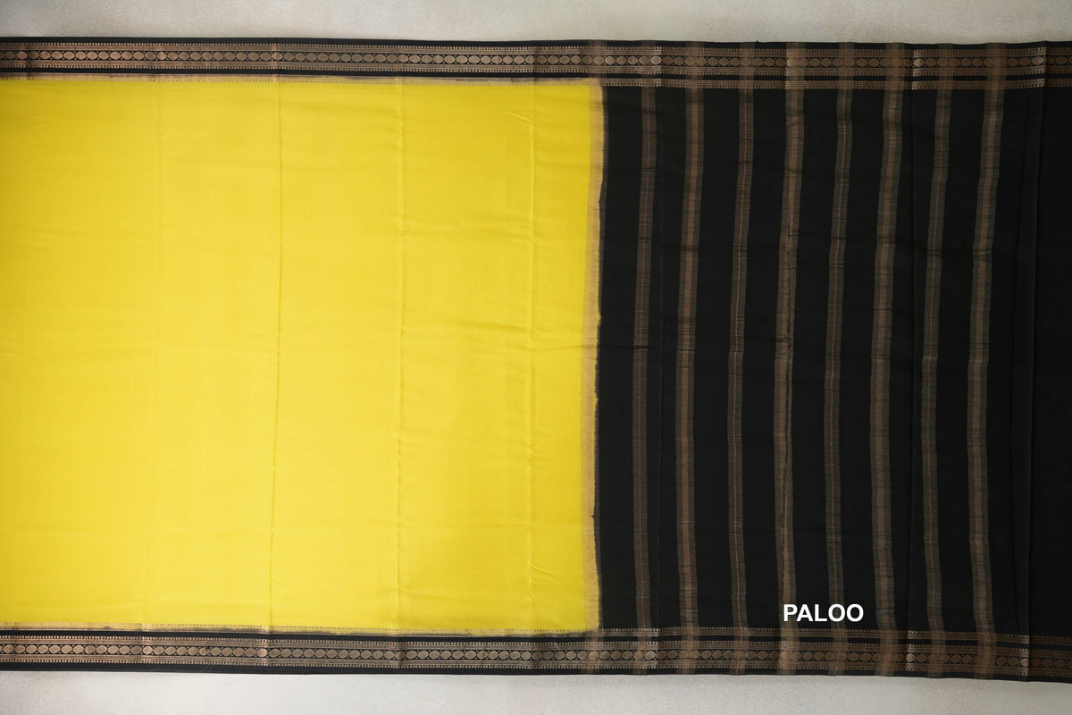 Bright Lemon Yellow with Black Borders Mysore Silk Saree paloo