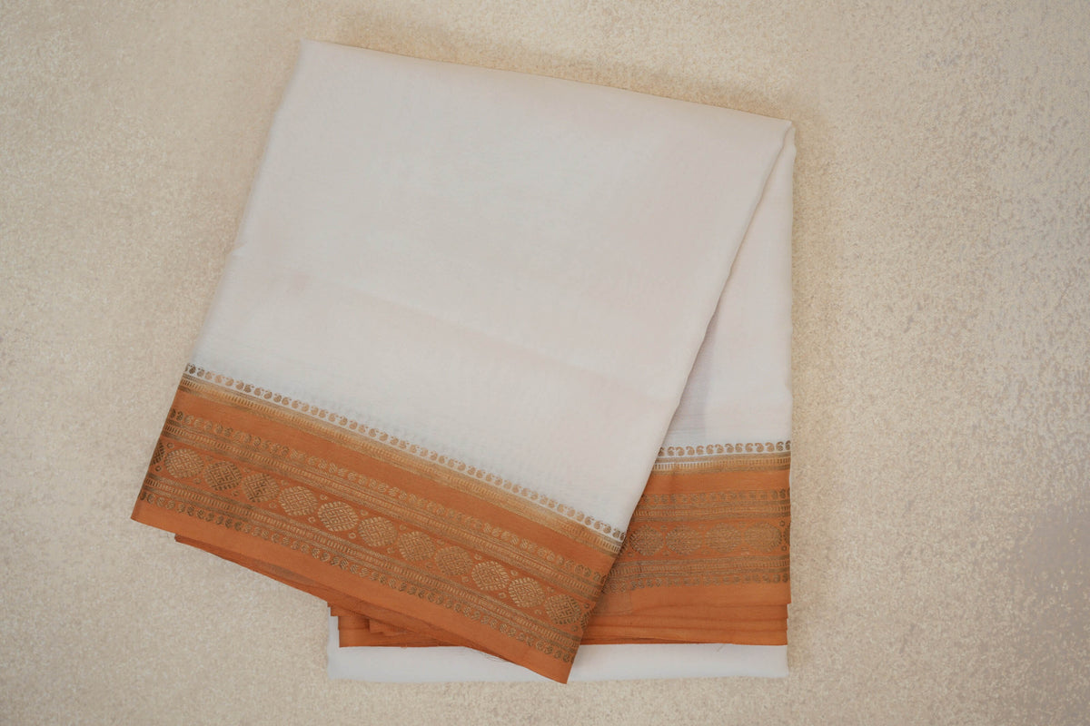 Off White with Mustard Orange Borders Mysore Silk Saree