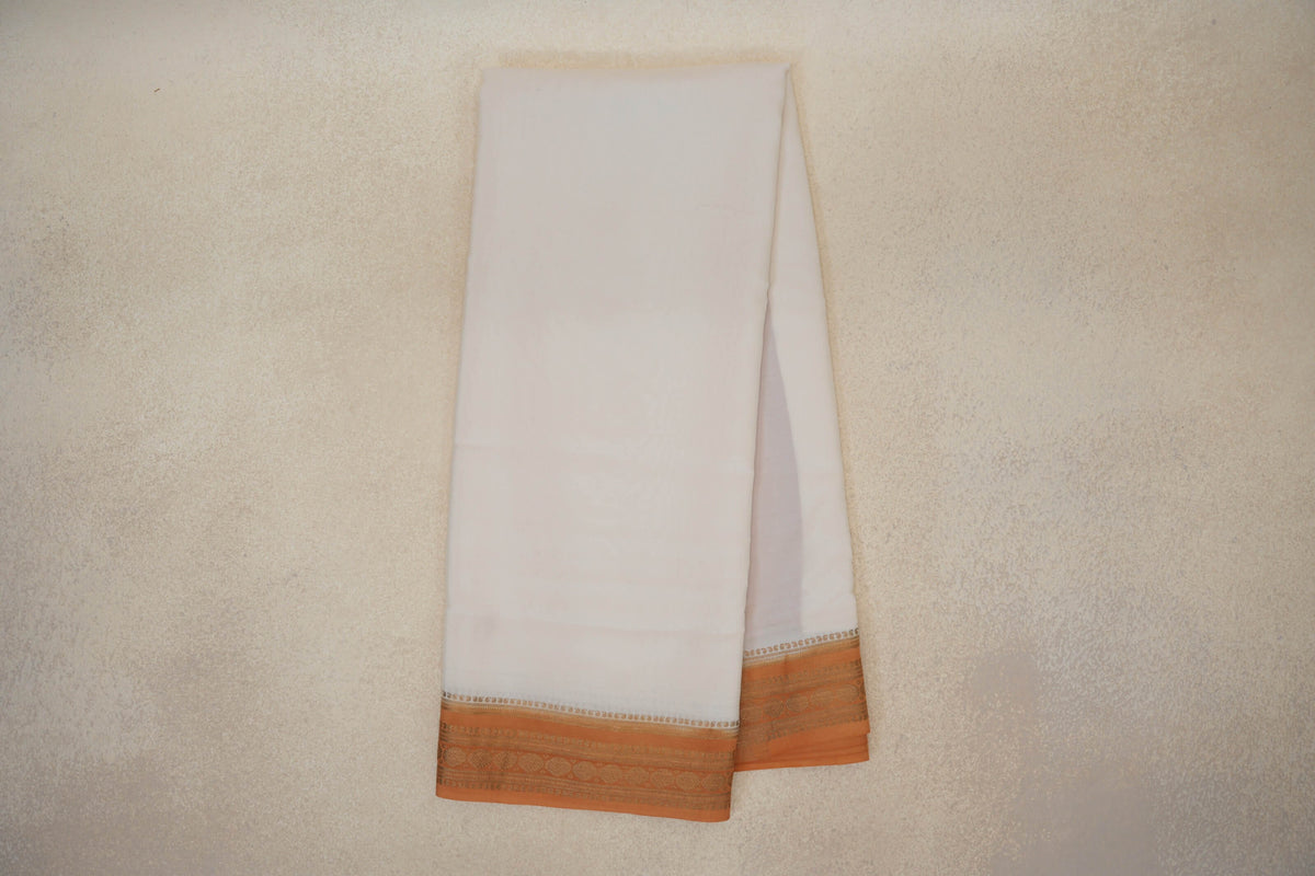 Online Off White with Mustard Orange Borders Mysore Silk Saree
