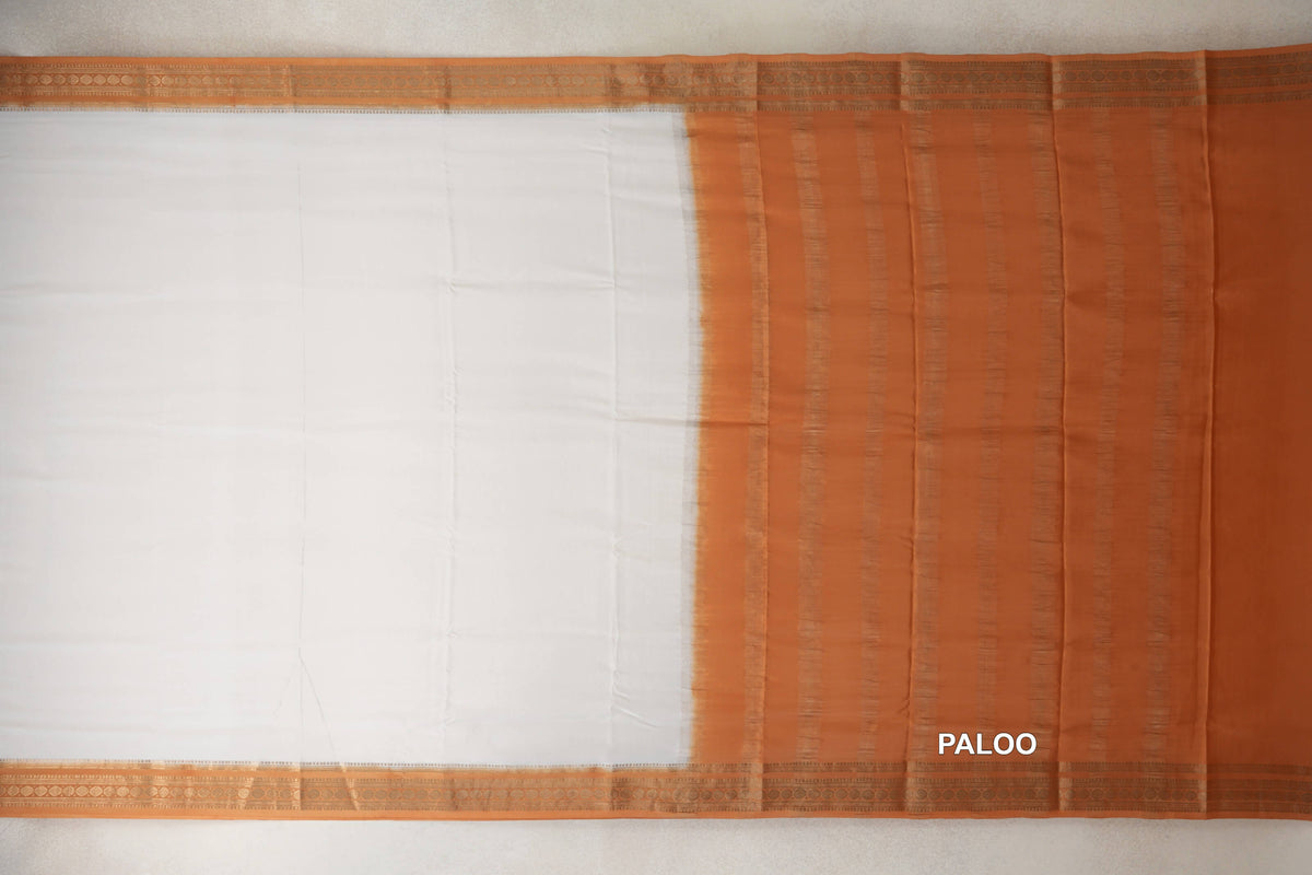 Off White with Mustard Orange Borders Mysore Silk Saree paloo
