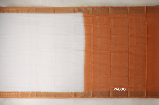 Off White with Mustard Orange Borders Mysore Silk Saree paloo