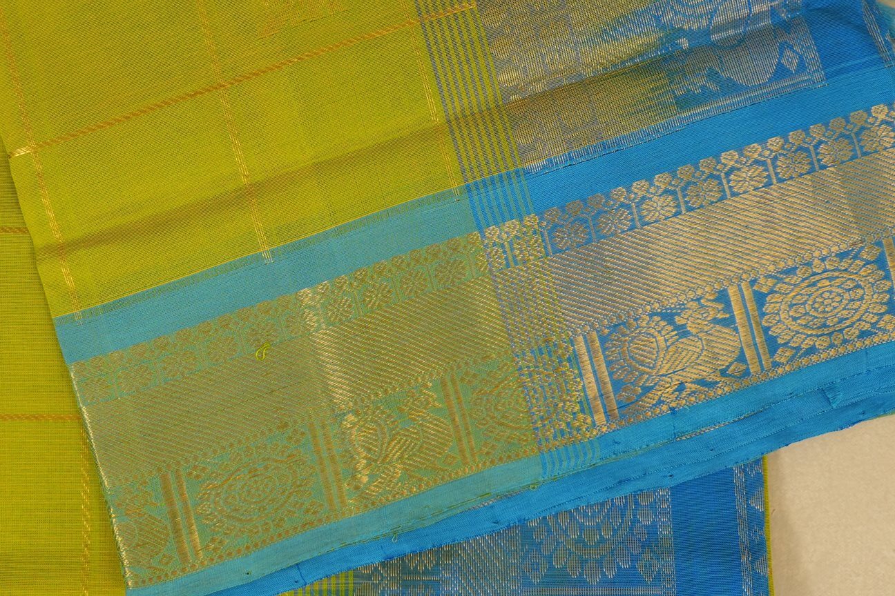 Parrot Green with sky blue Borders Silk Cotton Saree border