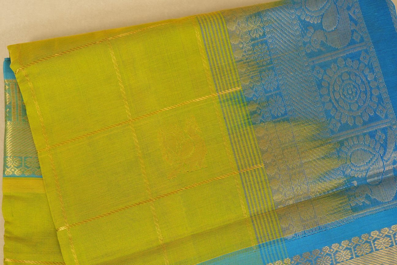 Parrot Green with sky blue Borders Silk Cotton Saree body
