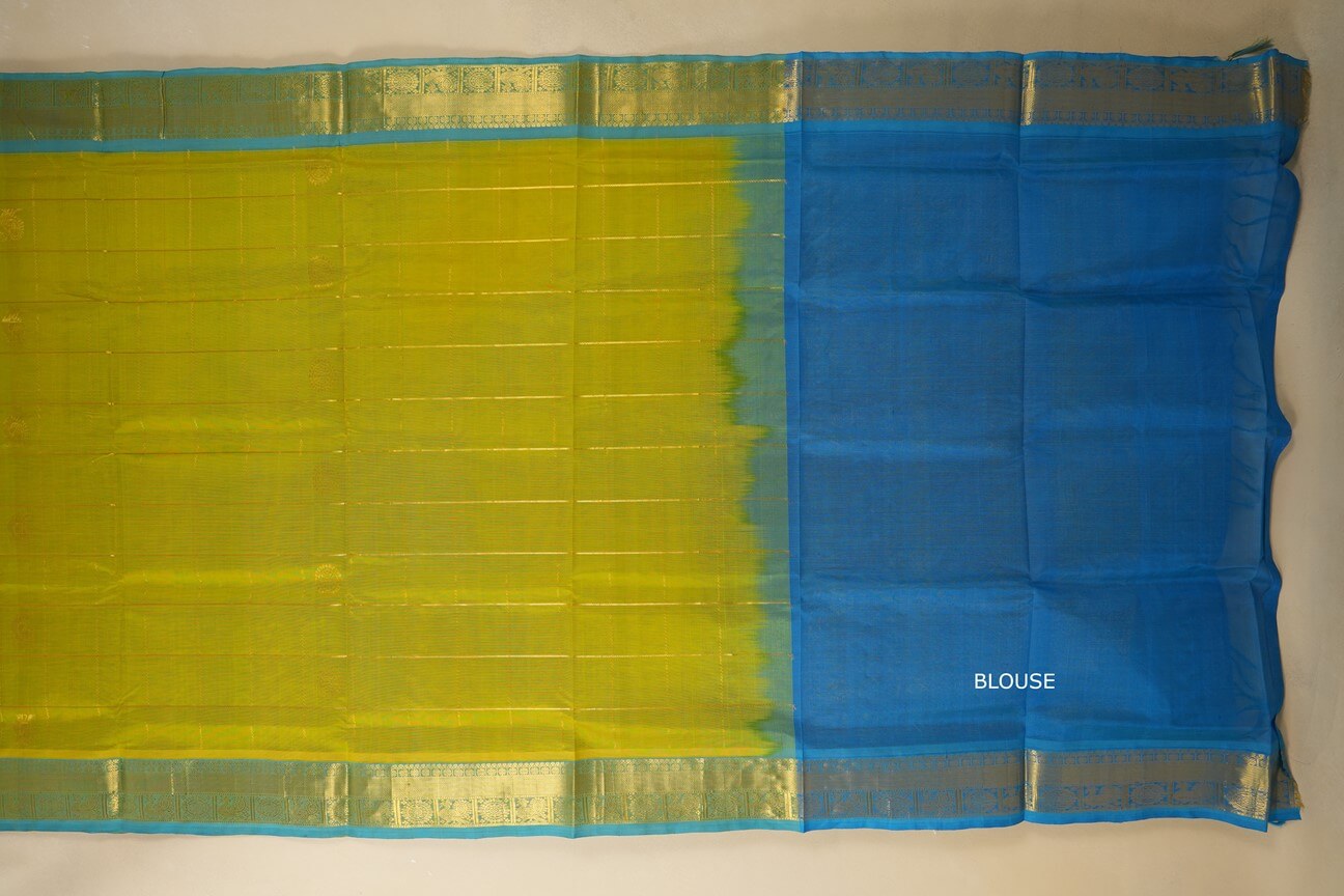 Parrot Green with sky blue Borders Silk Cotton Saree blouse