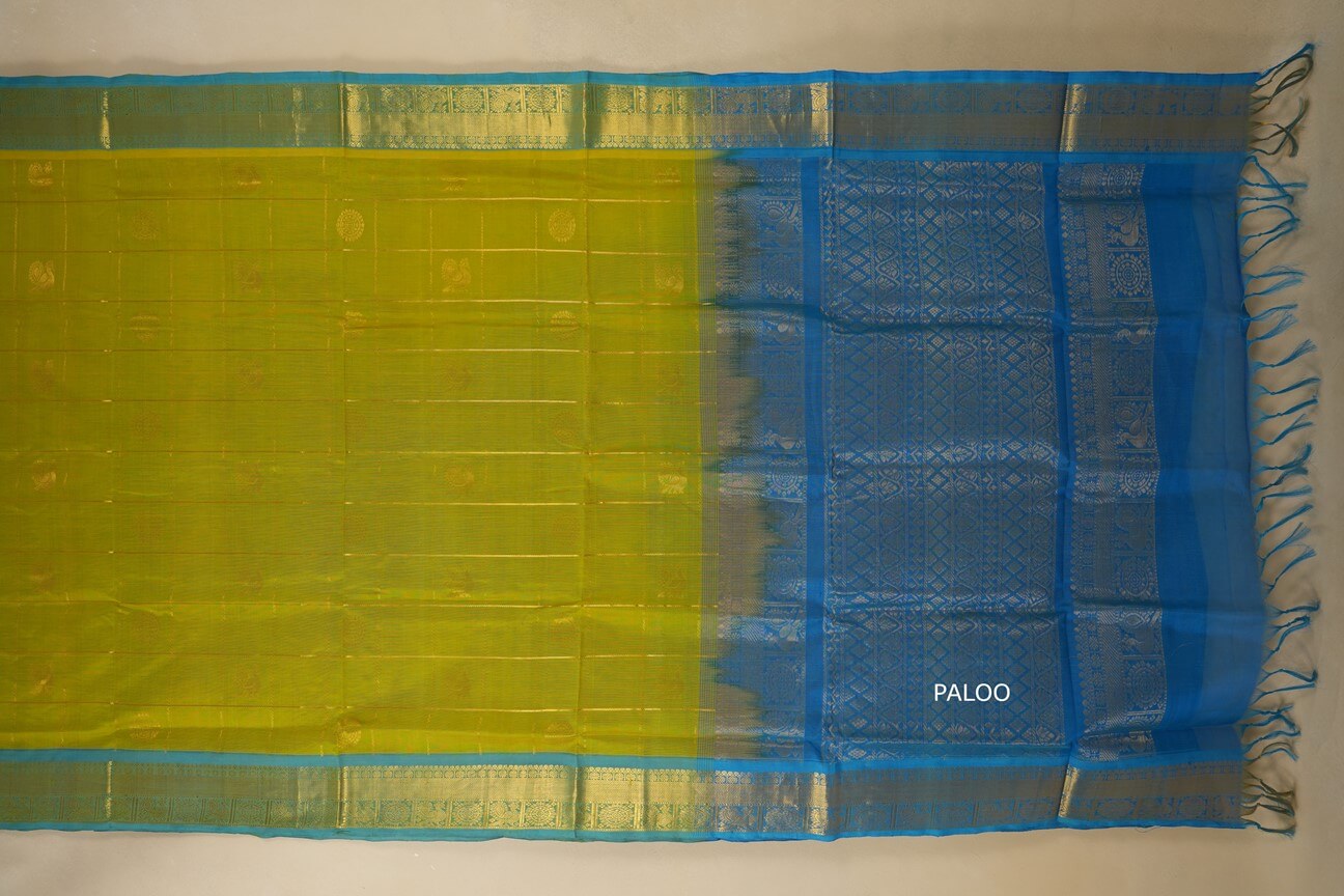 Parrot Green with sky blue Borders Silk Cotton Saree paloo