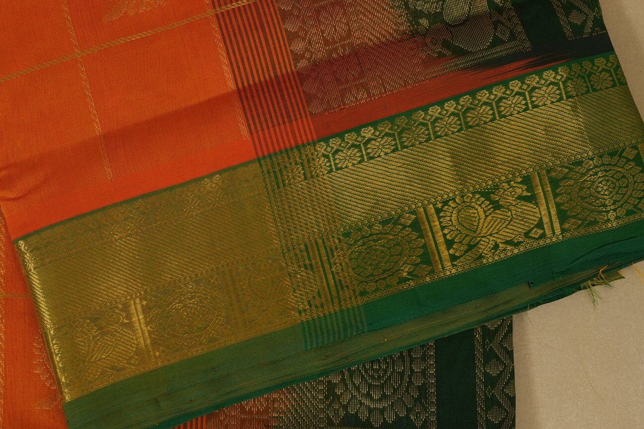 Orange with mild green Borders Silk Cotton Saree border
