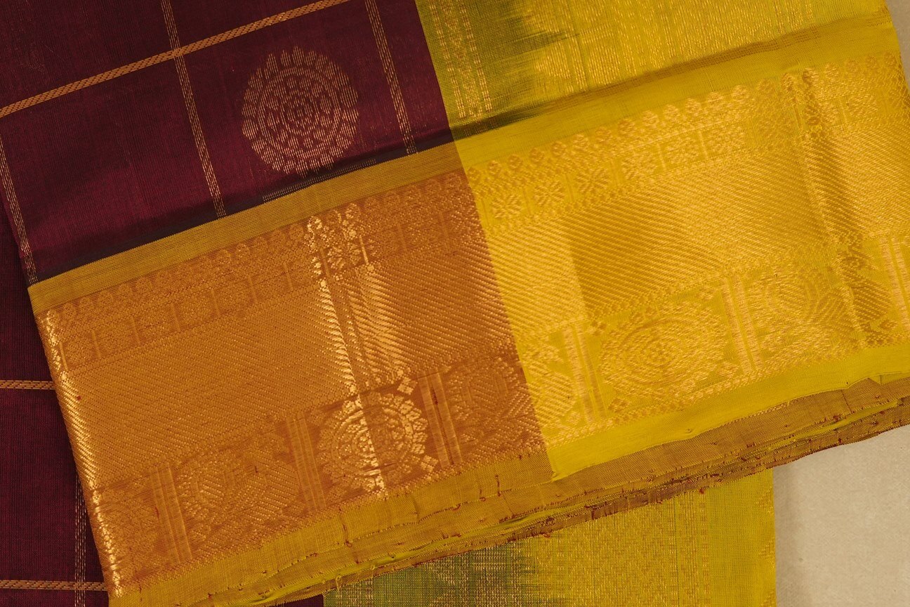Burgundy Maroon with lemon green Borders Silk Cotton Saree border