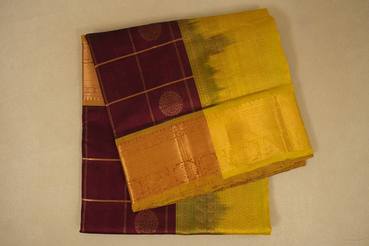 Burgundy Maroon with lemon green Borders Silk Cotton Saree