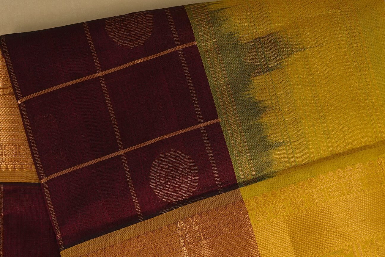 Burgundy Maroon with lemon green Borders Silk Cotton Saree body