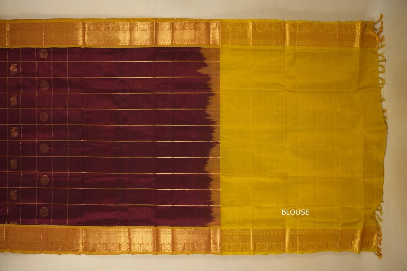 Burgundy Maroon with lemon green Borders Silk Cotton Saree blouse