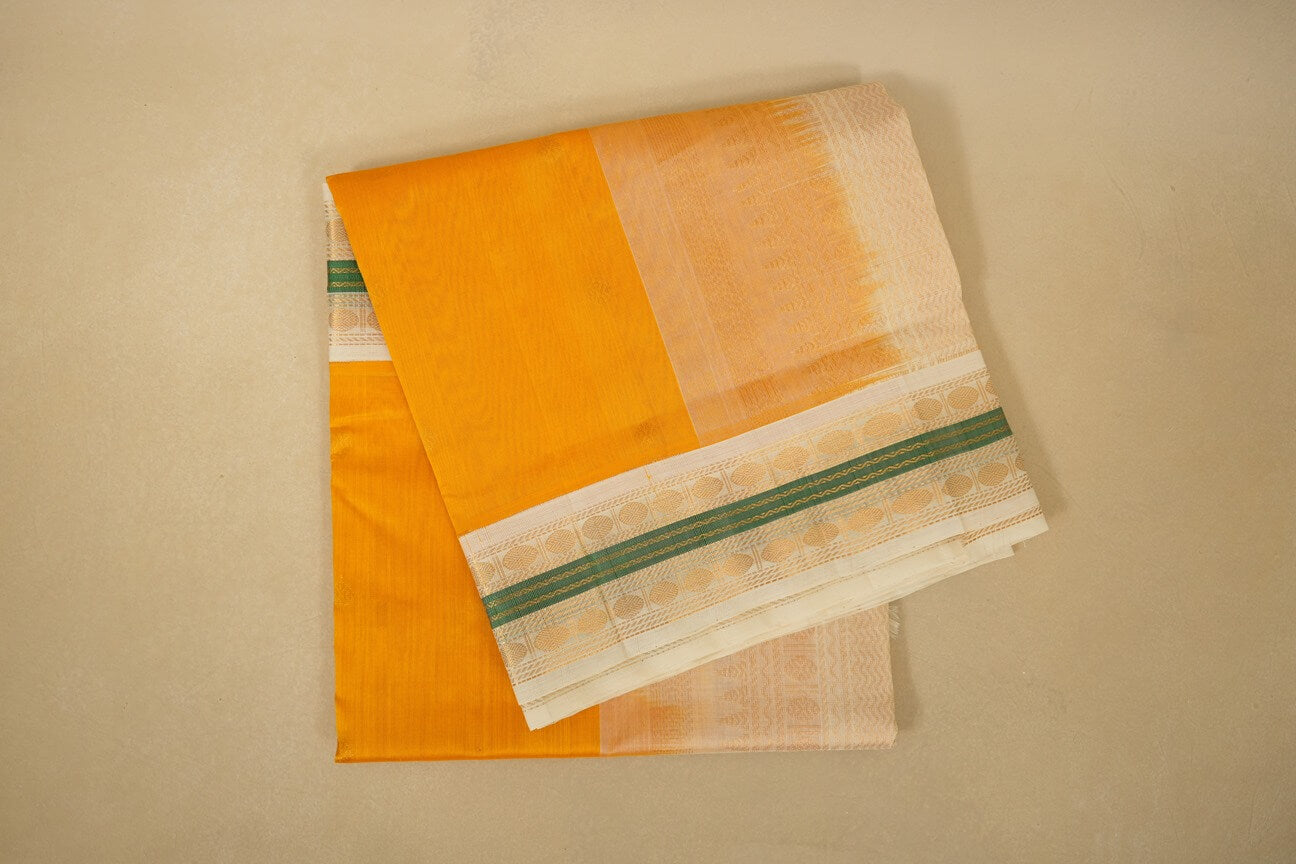 Yellow with off white Borders Silk Cotton Saree by Shreenivas Silks 