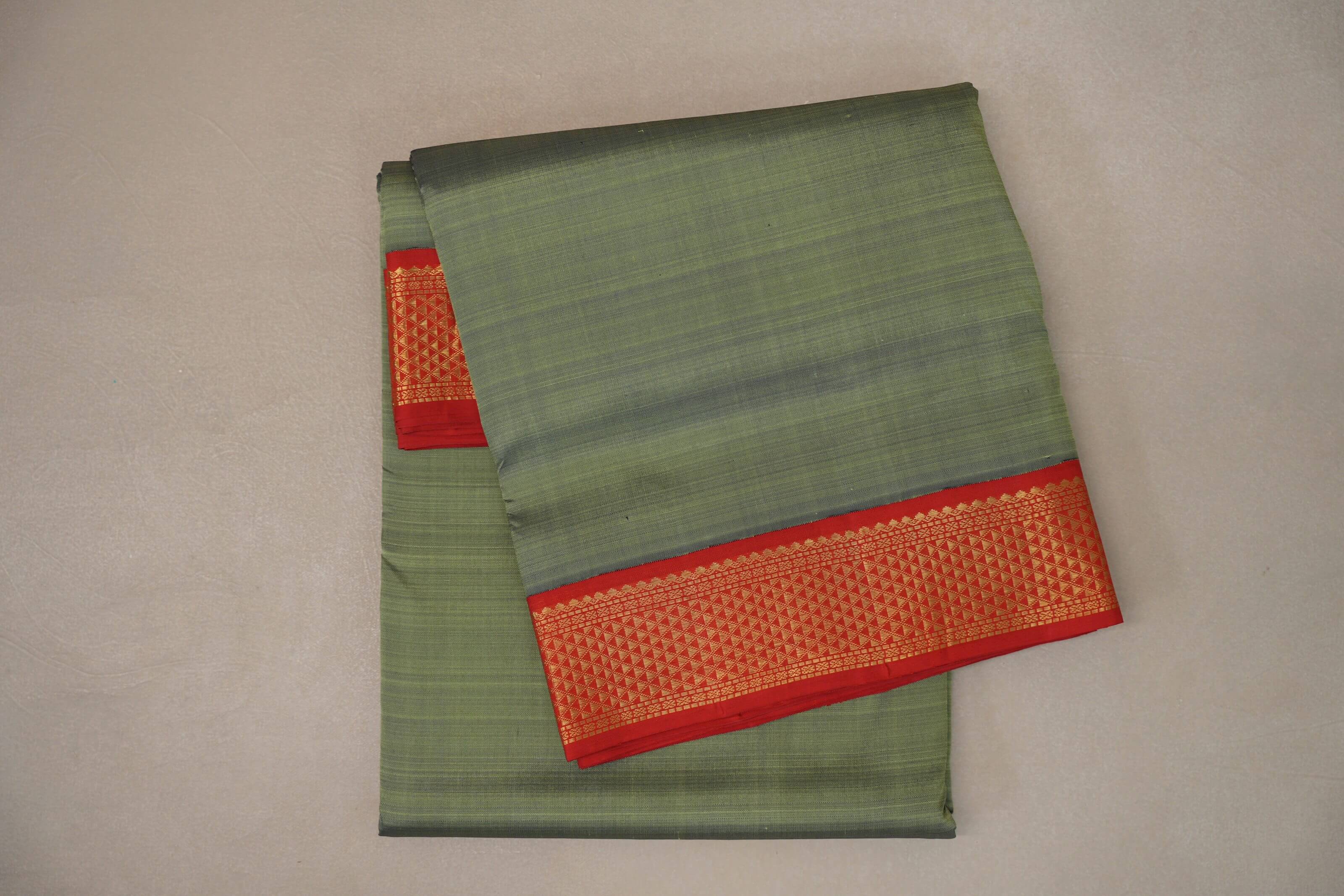Muted Olive Green with bright red Borders Ten Yards Silk Saree SS9221