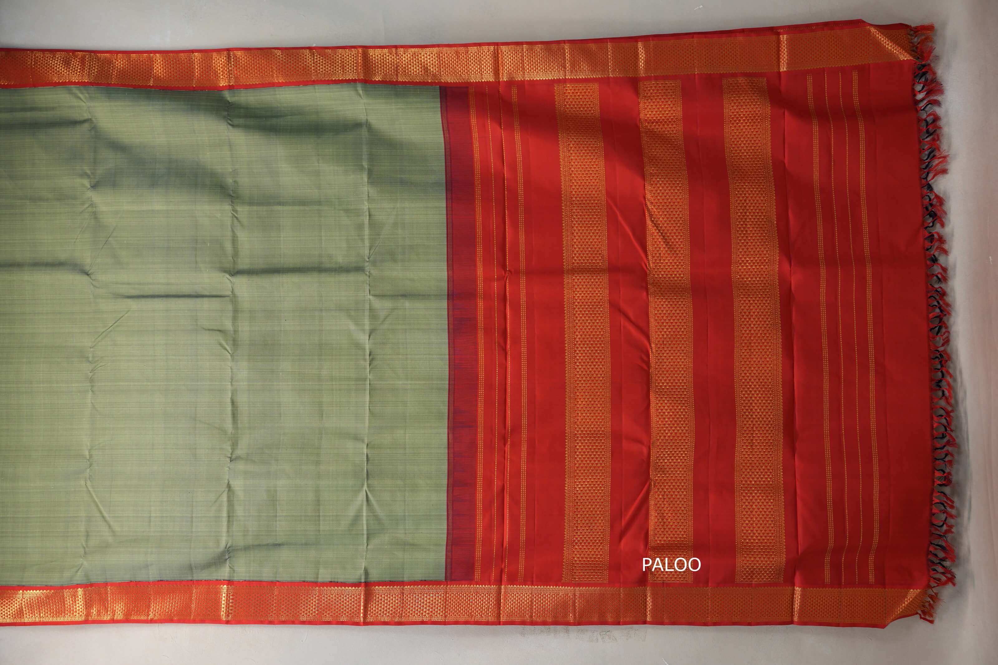 Muted Olive Green with bright red Borders Ten Yards Silk Saree SS9221