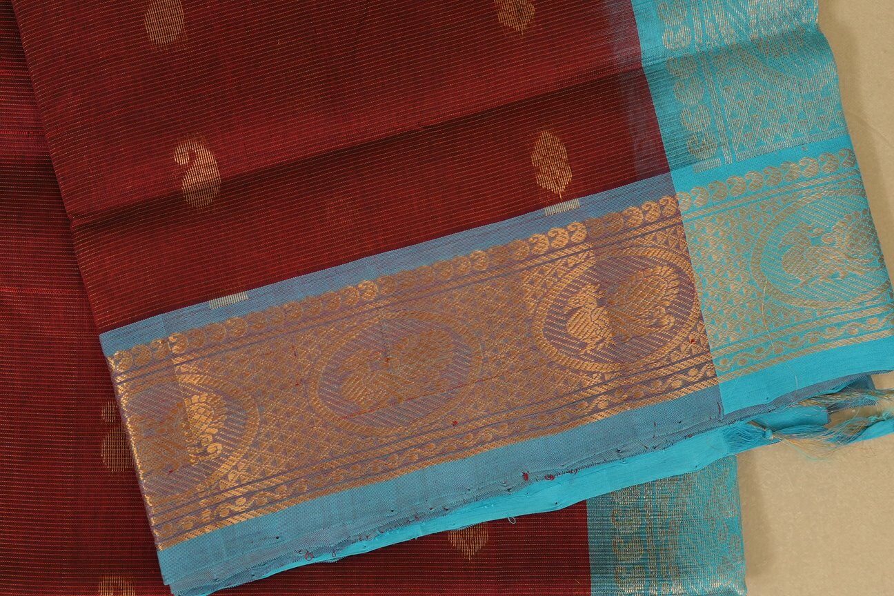 Burgundy Maroon with Sky Blue Borders Silk Cotton Saree border
