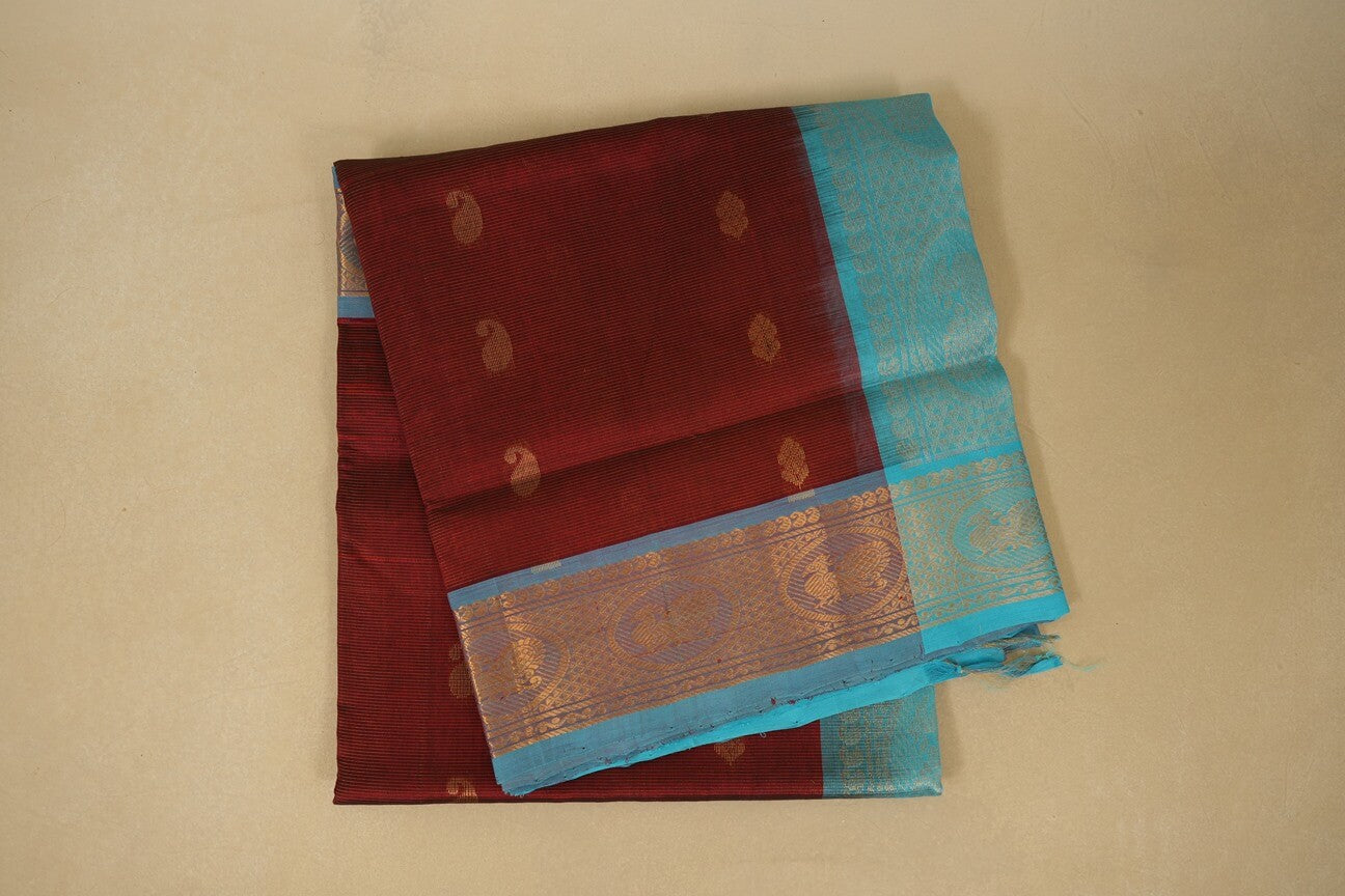 Burgundy Maroon with Sky Blue Borders Silk Cotton Saree