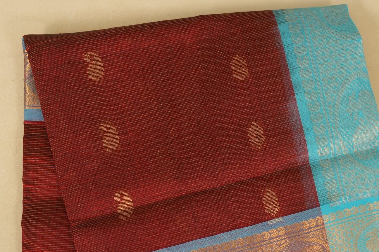Burgundy Maroon with Sky Blue Borders Silk Cotton Saree body