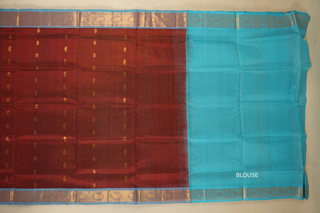 Burgundy Maroon with Sky Blue Borders Silk Cotton Saree blouse