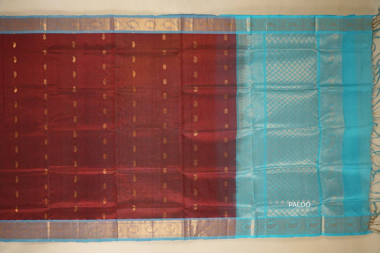 Burgundy Maroon with Sky Blue Borders Silk Cotton Saree paloo
