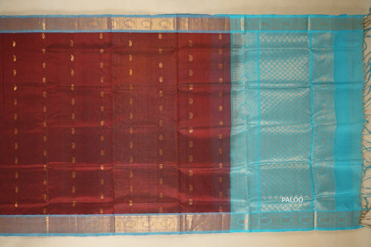 Burgundy Maroon with Sky Blue Borders Silk Cotton Saree paloo