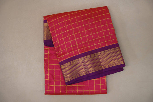 Bright Orangish Pink with deep purple Ten Yards Silk Saree SS9229