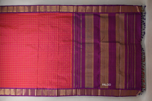 Bright Orangish Pink with deep purple Ten Yards Silk Saree SS9229
