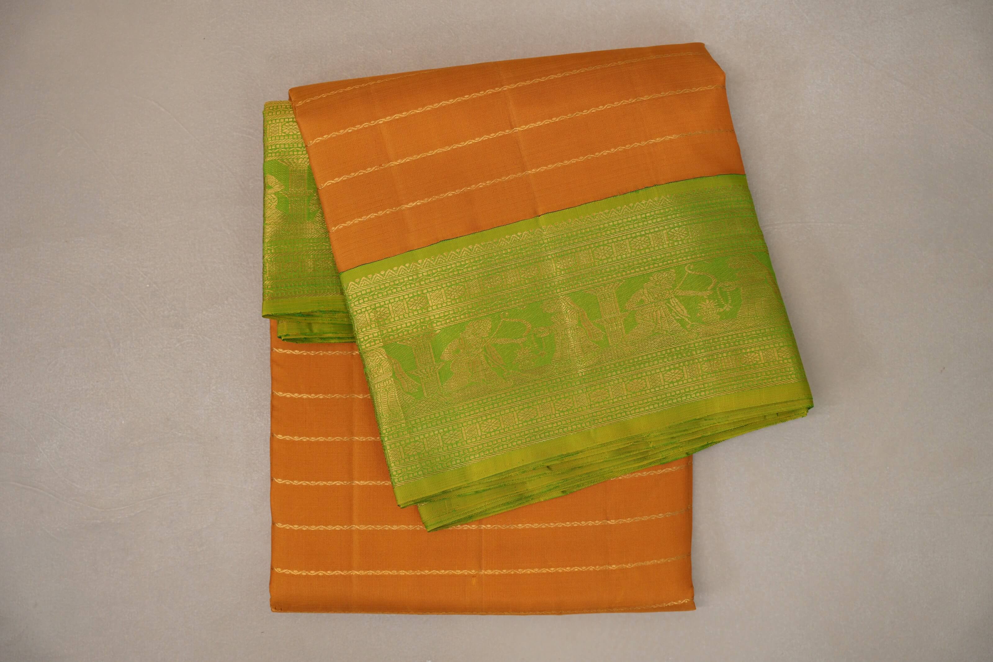 Mango Yellow with bright leaf green borders Ten Yards Silk Saree SS9230