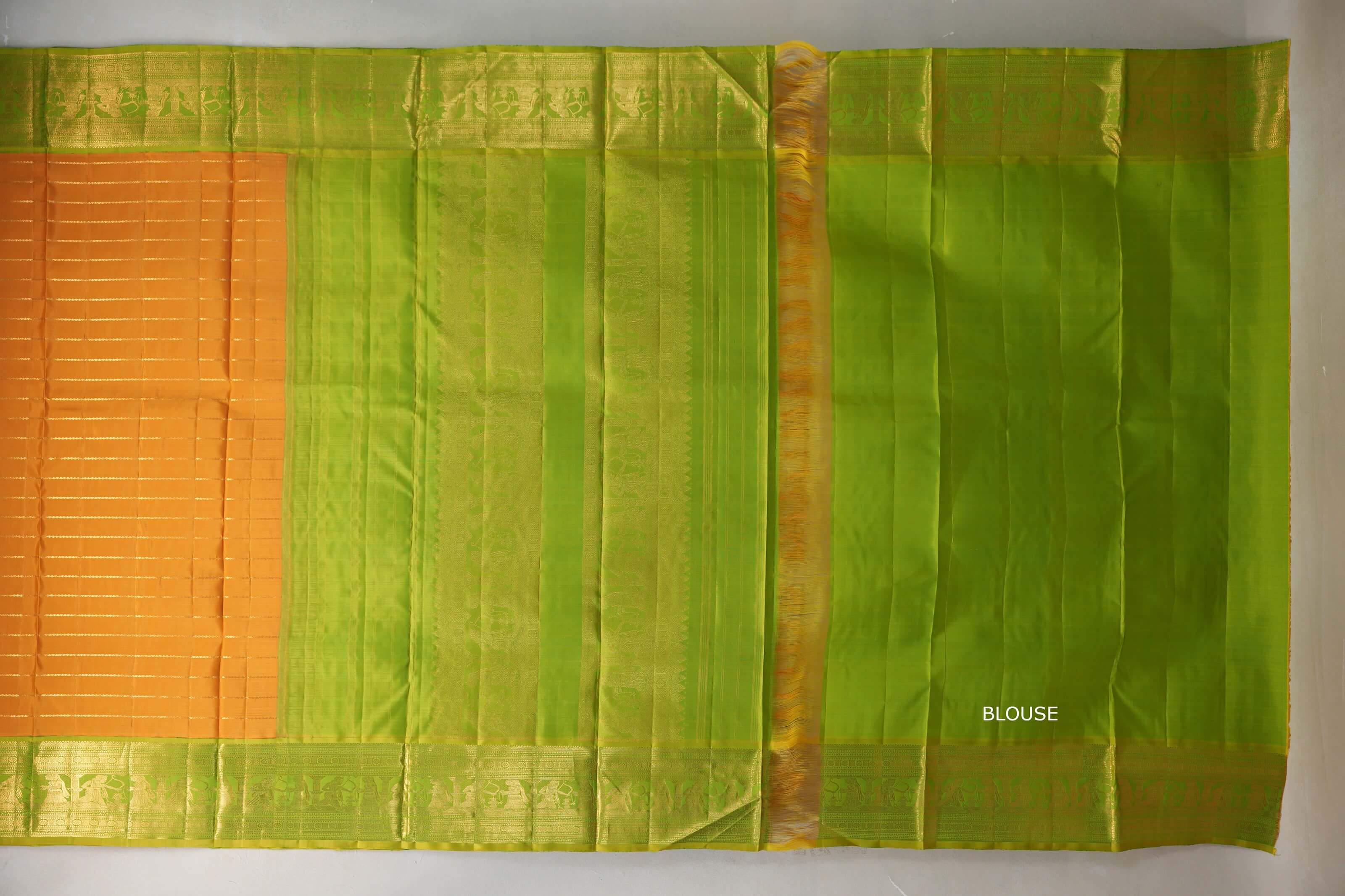 Mango Yellow with bright leaf green borders Ten Yards Silk Saree SS9230