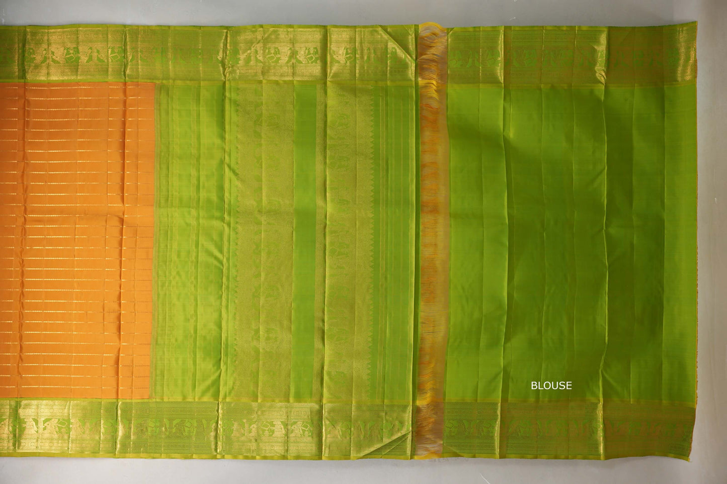 Mango Yellow with bright leaf green borders Ten Yards Silk Saree SS9230