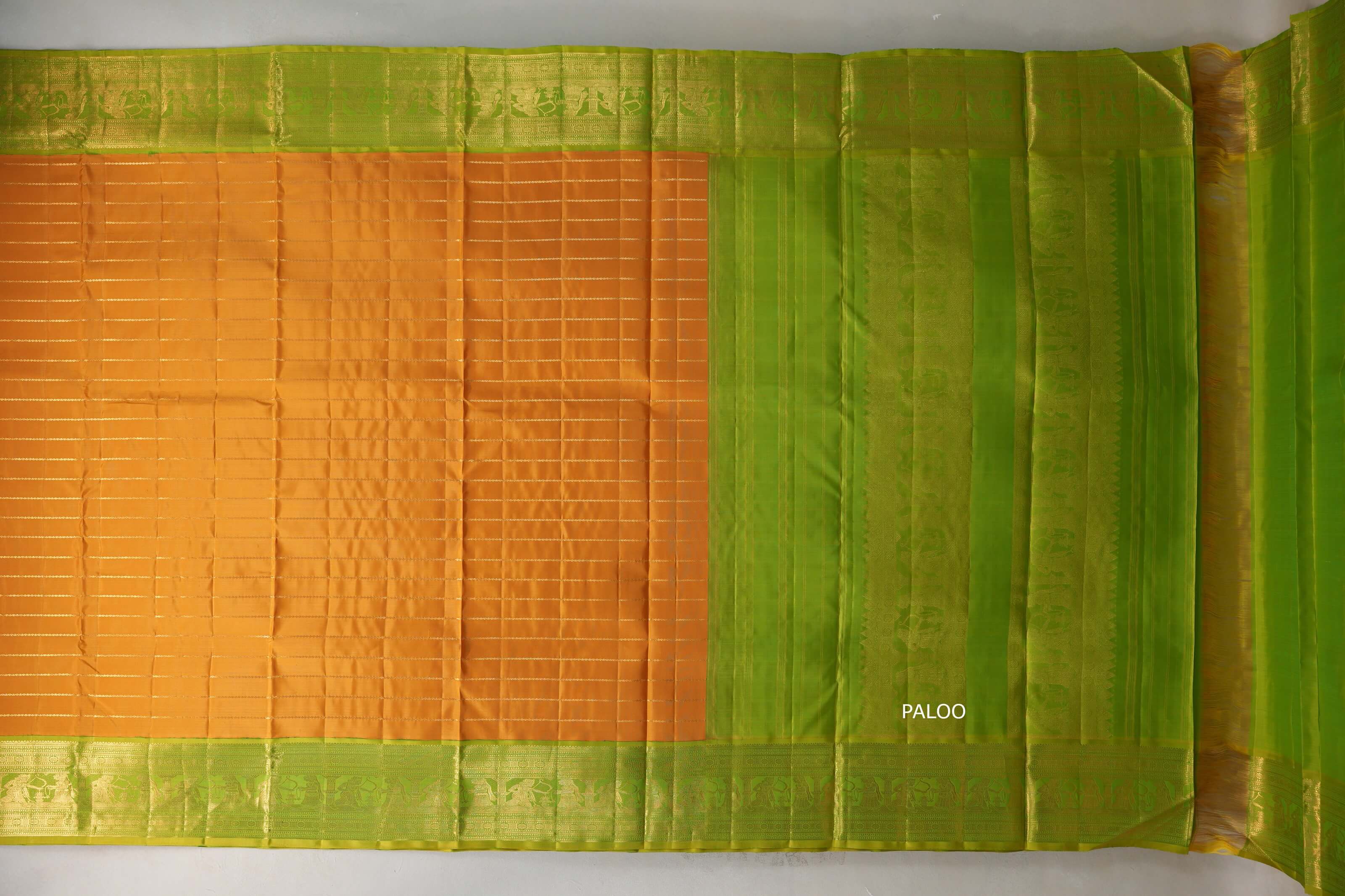 Mango Yellow with bright leaf green borders Ten Yards Silk Saree SS9230