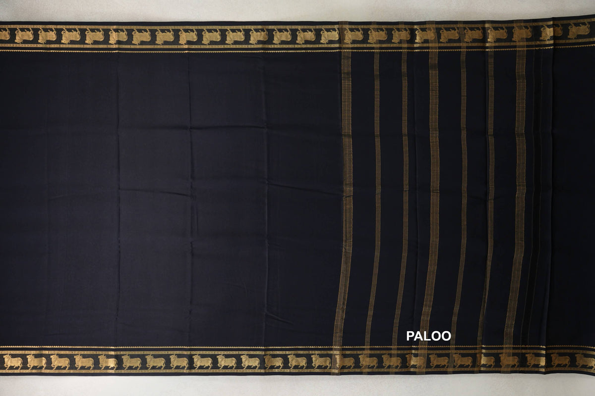 Jet Black Mysore Silk Saree paloo