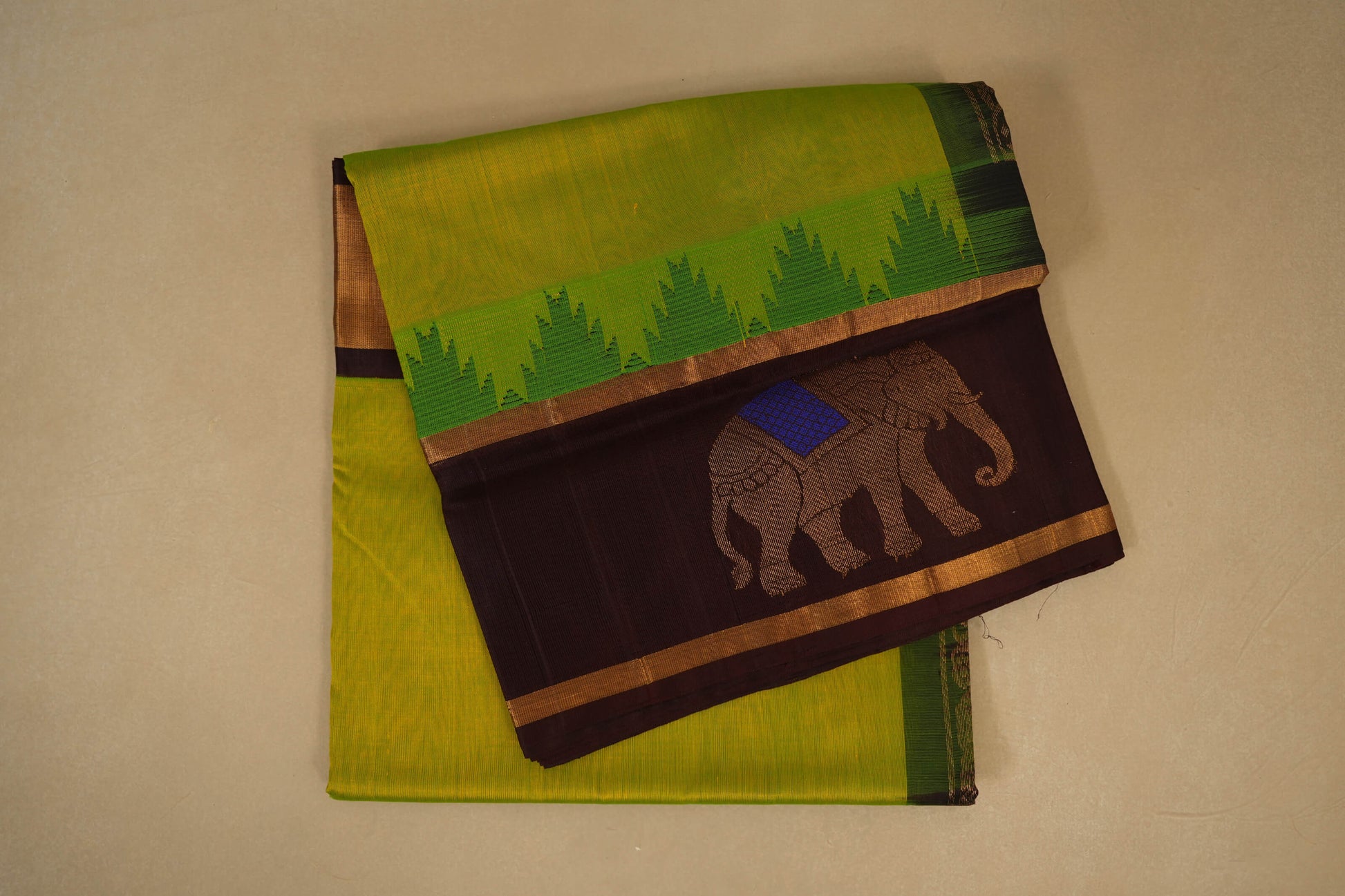 Fluorescent Green with Coffee Brown Borders Silk Cotton Saree