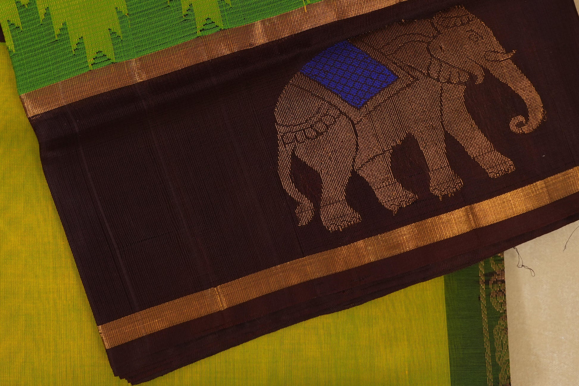 Fluorescent Green with Coffee Brown Borders Silk Cotton Saree borders