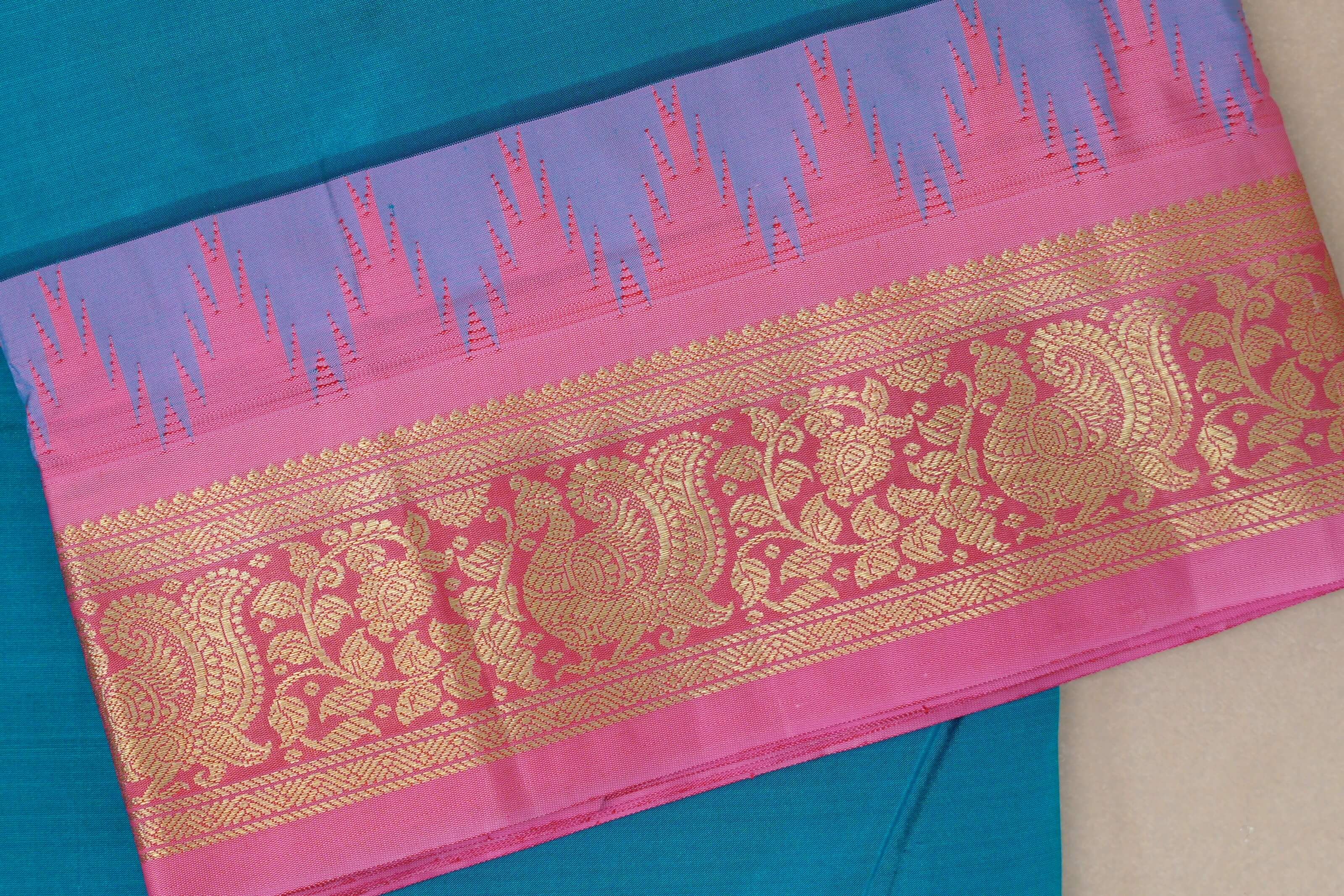 Azure Blue Ten Yards Silk Saree border zoom