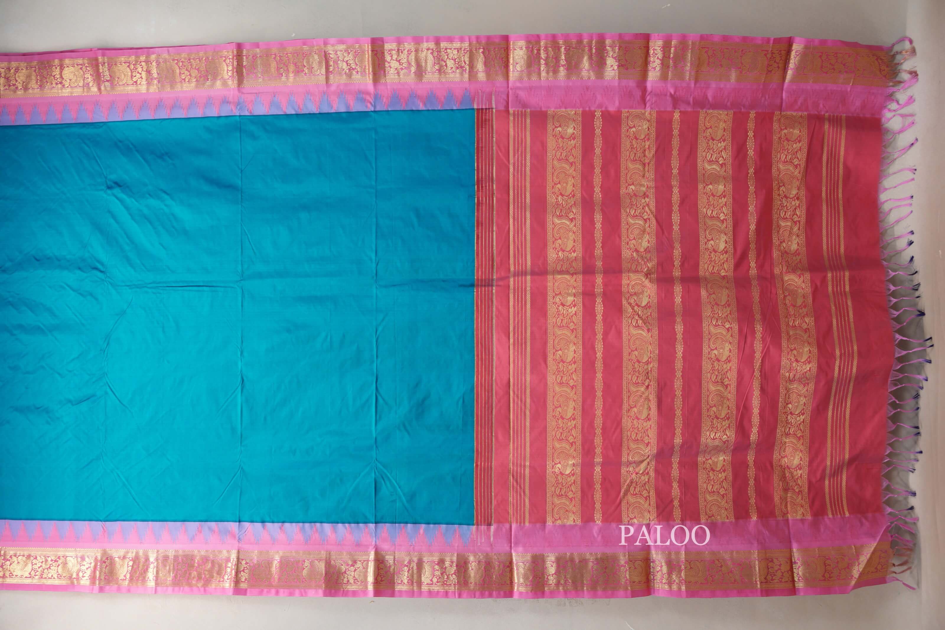 Azure Blue Ten Yards Silk Saree paloo