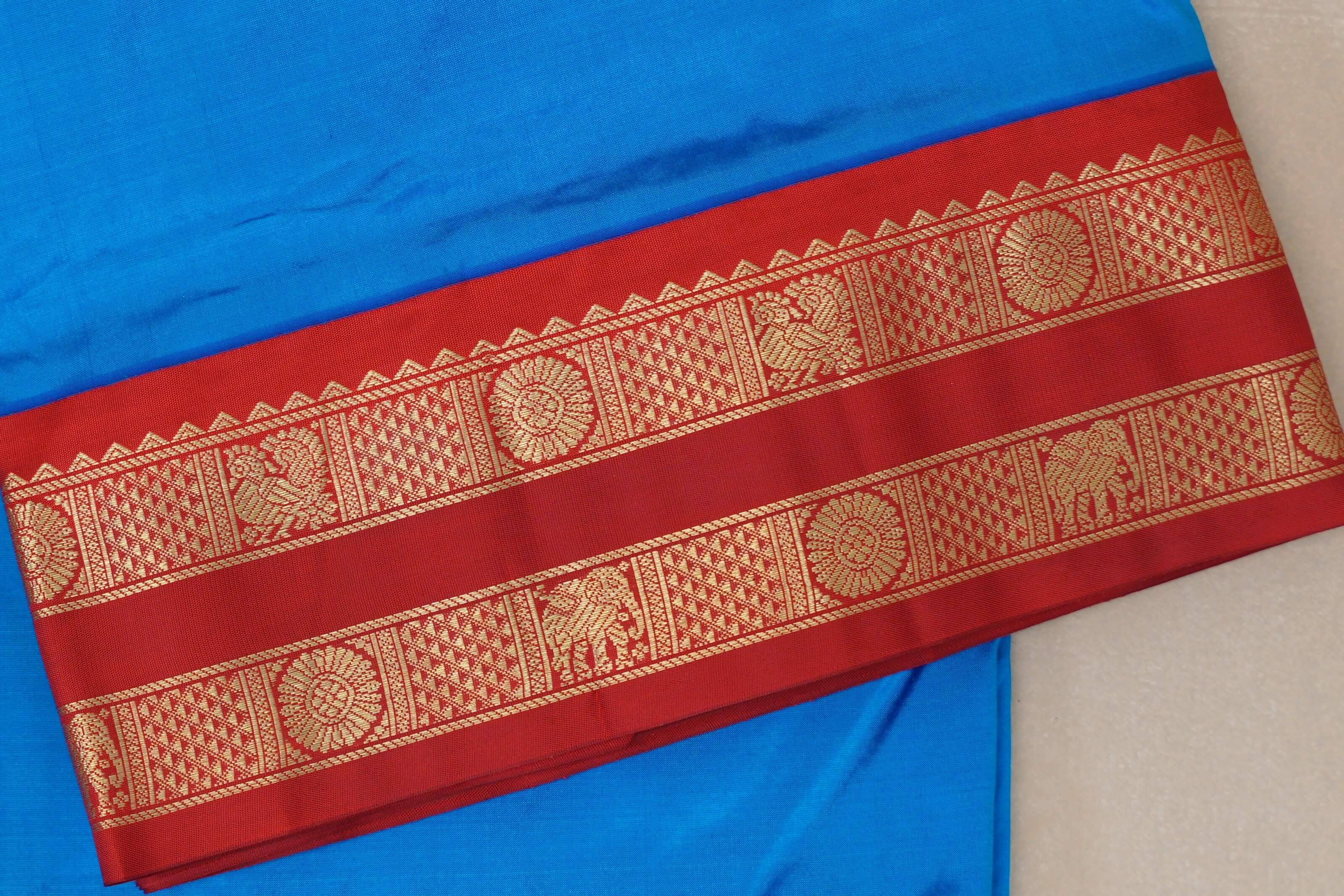 Bright blue Ten Yards Silk Cotton saree  border zoom