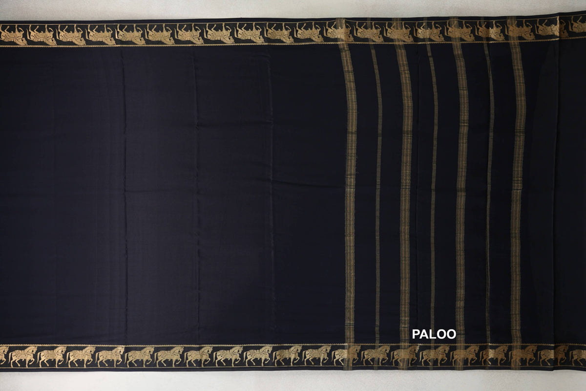 Jet Black Mysore Silk Saree paloo
