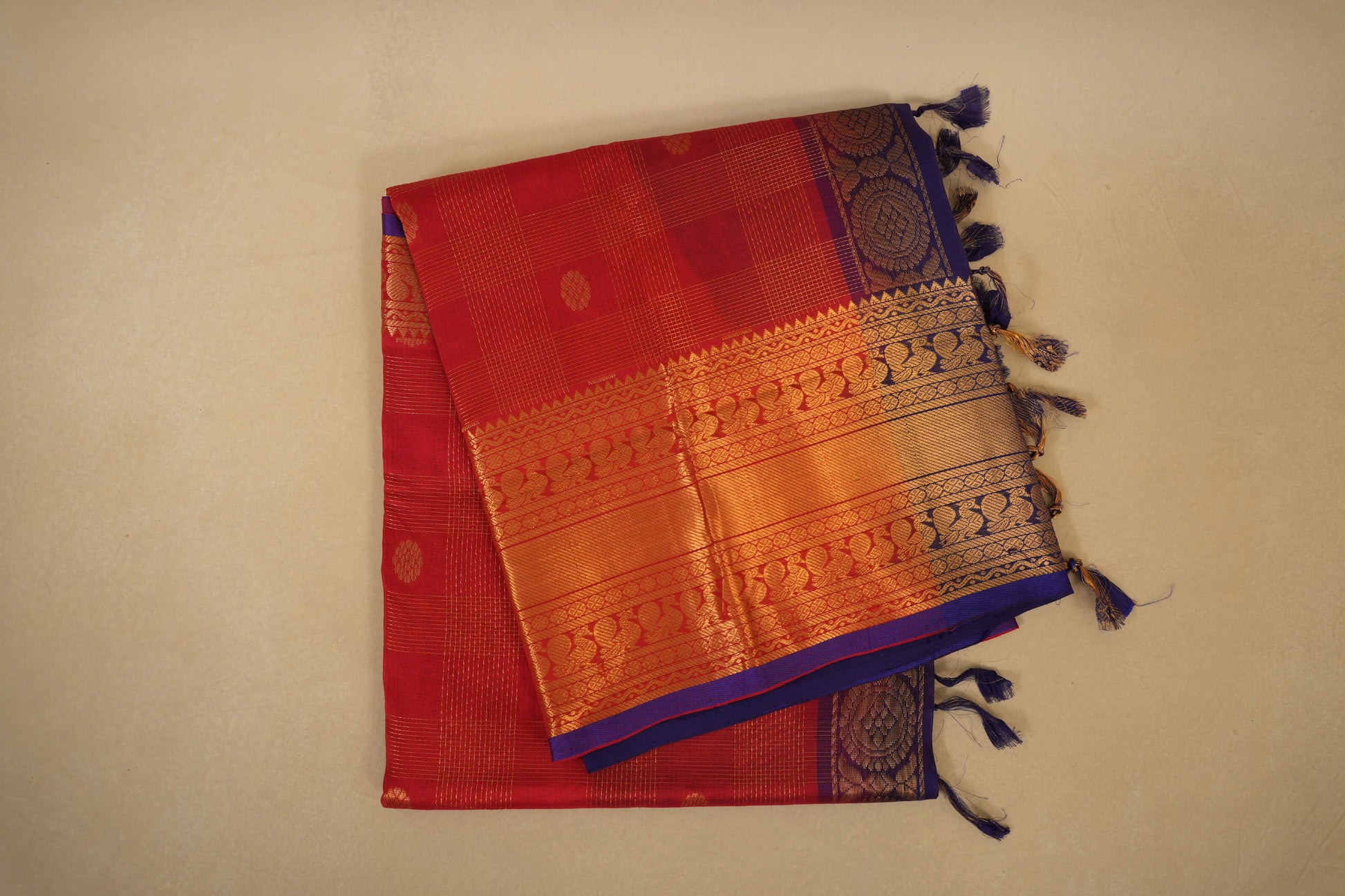 Red with Zari Checks Silk Cotton Saree