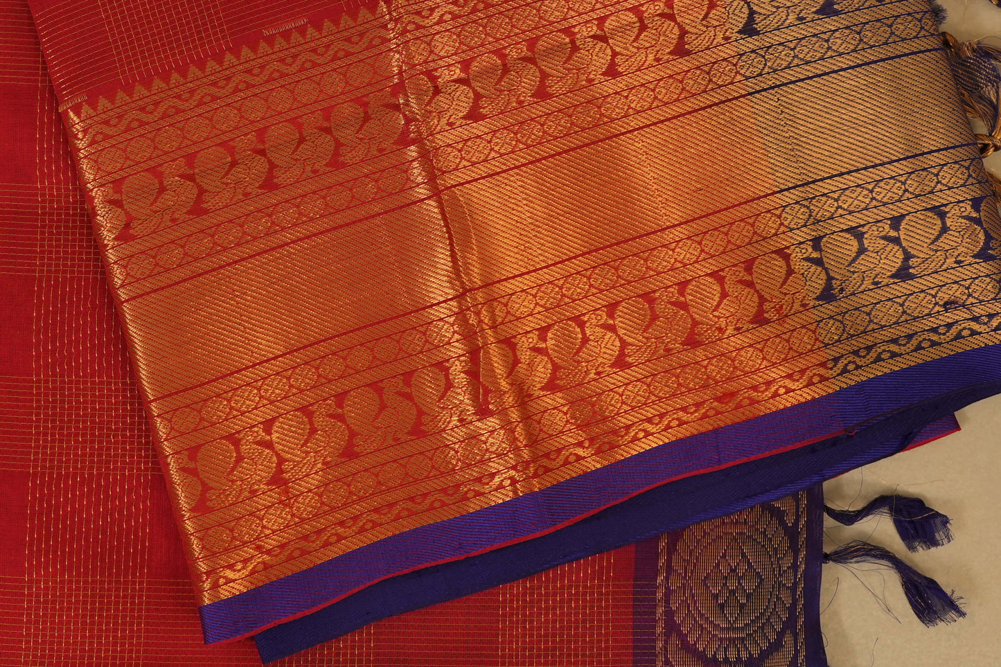 Red with Zari Checks Silk Cotton Saree borders