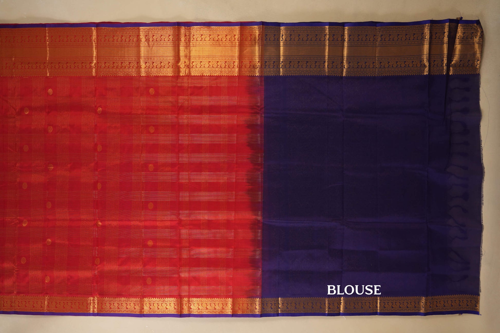 Red with Zari Checks Silk Cotton Saree blouse