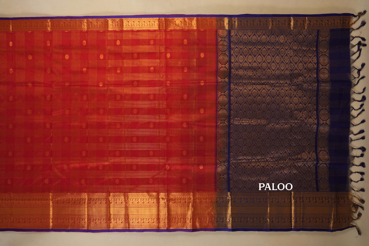 Red with Zari Checks Silk Cotton Saree paloo